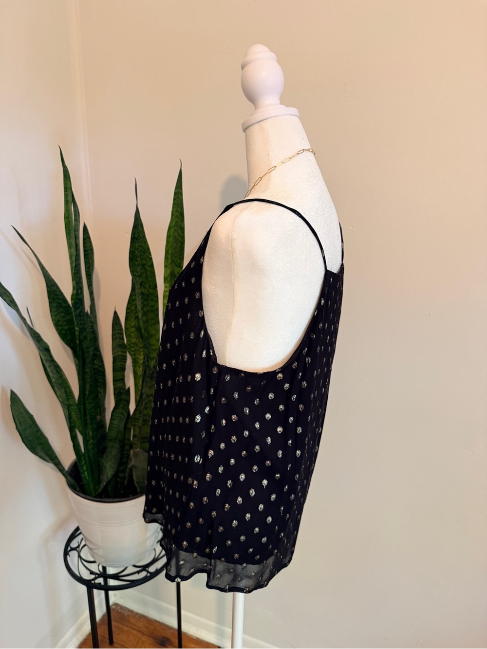 LOFT Black Metallic Gold Dot V-Neck Camisole Tank Top MP - Picture 2 of 9